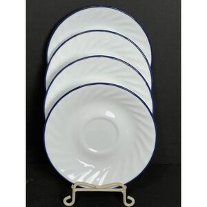 Corelle Fluer Blue Swirl White Saucers Rim  Blue Border 6.25" SET OF 4